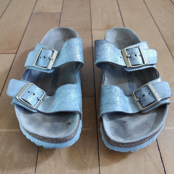 Birkenstock Shoes - Birkenstock Arizona Silver Leather With Gold Buckle And Grey Sole